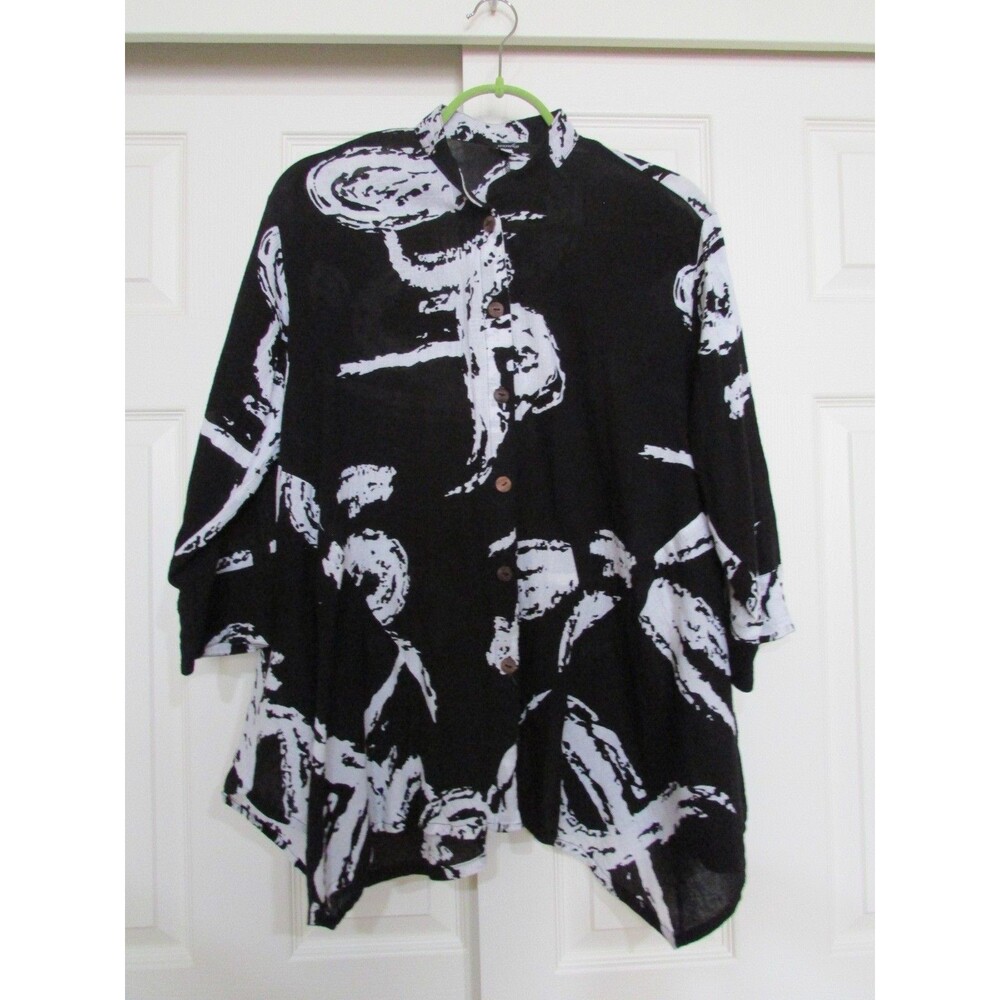 YASUKO Black White Lagenlook Asymmetrical Swirl Cotton Tunic Art to Wear Sz M/L